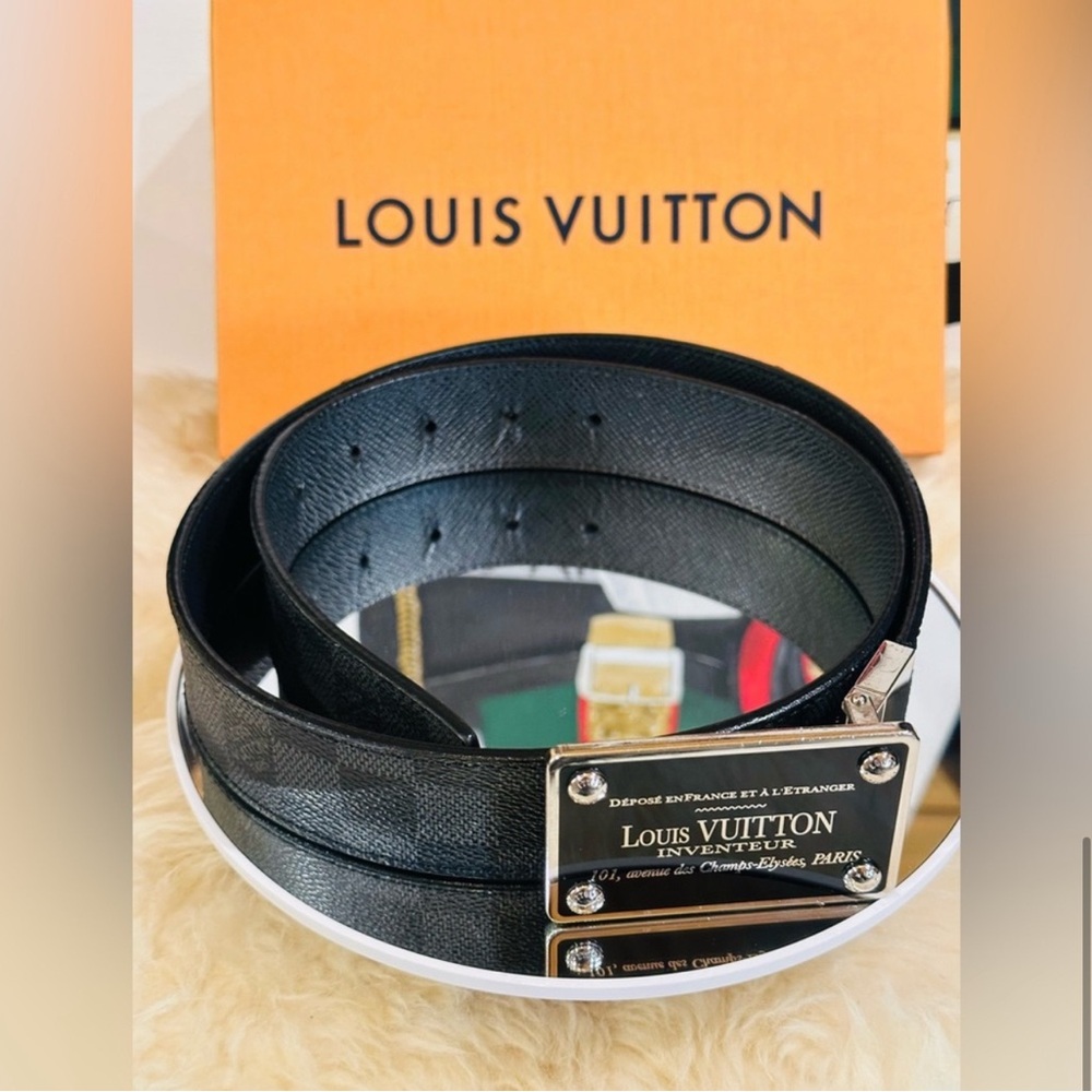 LOUIS VUITTON Damier Graphite Belt w/ Logo Silver Buckle Size 85-34 Unisex w/COA